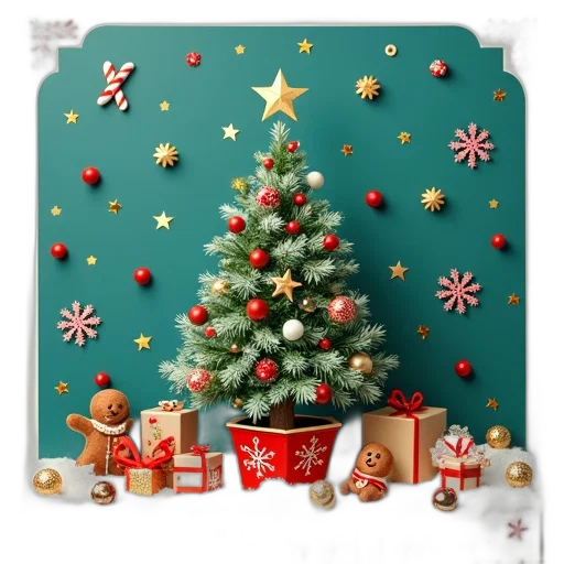 tree, photorealistic, 3d render, festive, christmas, card, decorated, center transparent PNG cut-out