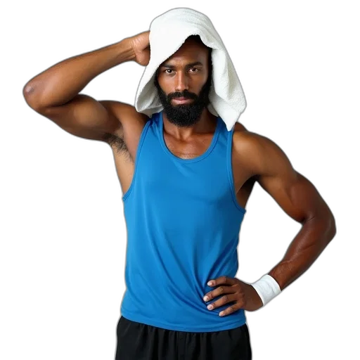hat, man, blue, tank, top, black, shorts, holding transparent PNG cut-out