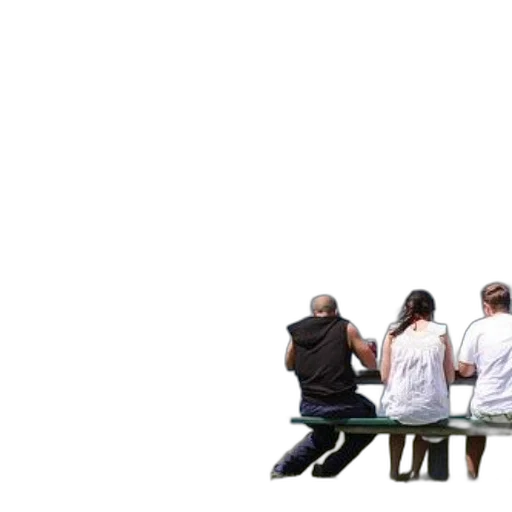 staff, jacket, concept art, three, people, sit, bench, overlooking transparent PNG cut-out