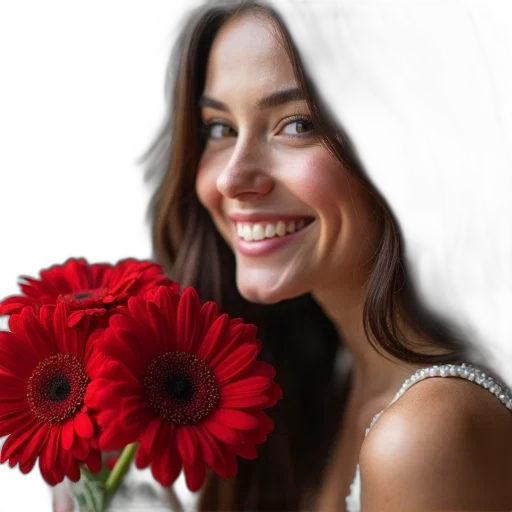 flower, face, jewelry, photorealistic, oil painting, red, woman, dark transparent PNG cut-out
