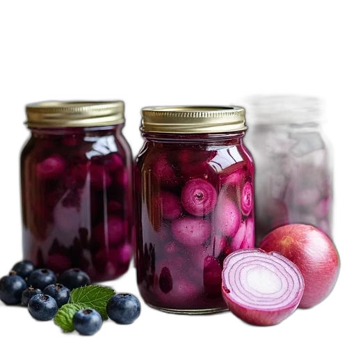 food, bottle, four, jars, blueberry, onion, canning, labels transparent PNG cut-out