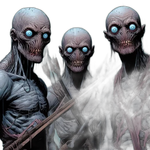 comic book art, concept art, fantasy art, three, ghostly, figures, glowing, blue transparent PNG cut-out