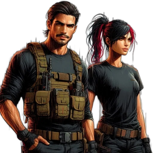 concept art, comic book art, pixel art, fantasy art, two, tactical, operatives, one transparent PNG cut-out