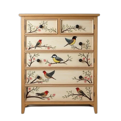 furniture, wooden, dresser, bird-themed, design, drawers, features, various transparent PNG cut-out