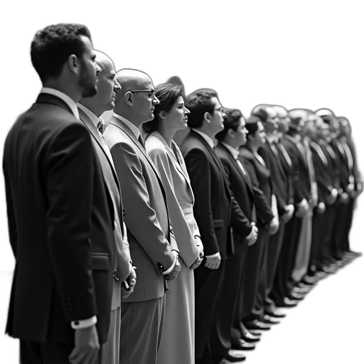 staff, black, white, photograph, group, people, standing, line transparent PNG cut-out