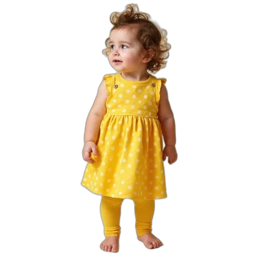 dress, photorealistic, golden, yellow, polka, dot, leggings, infant transparent PNG cut-out