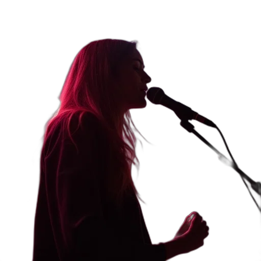 jacket, neon lights, red, person, long, hair, singing, into transparent PNG cut-out