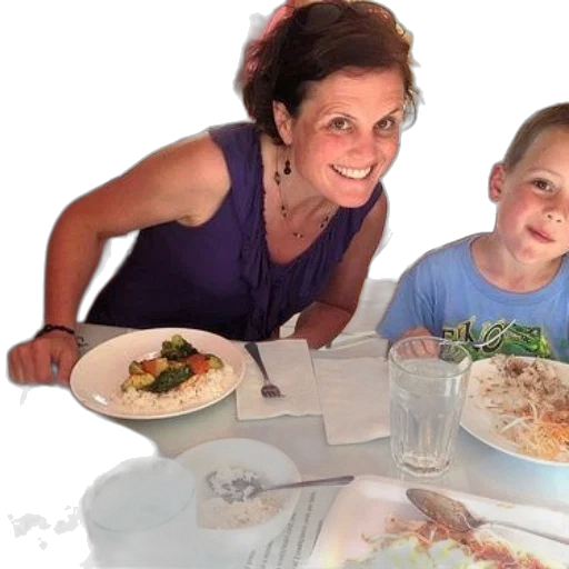 food, woman, child, sit, table, plates, including, rice transparent PNG cut-out