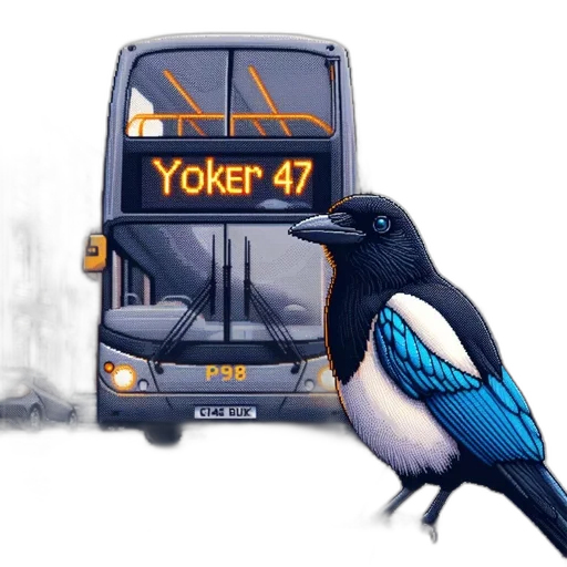 concept art, photorealistic, cartoon, pixel art, city street, night, magpie, stands transparent PNG cut-out
