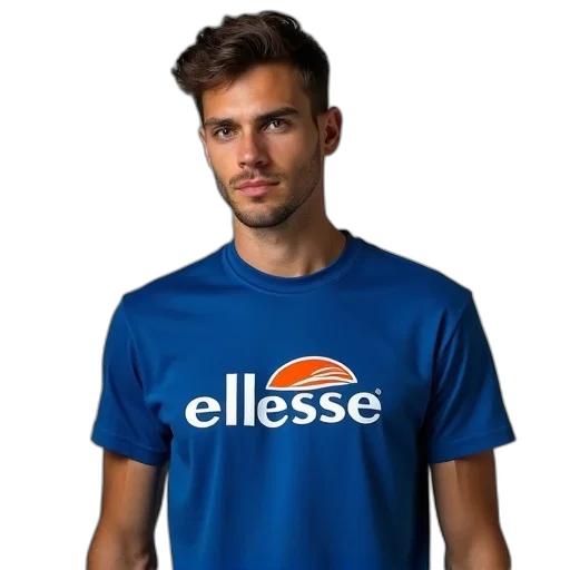 staff, ellesse, logo, front, man, blue, shirt, orange transparent PNG cut-out
