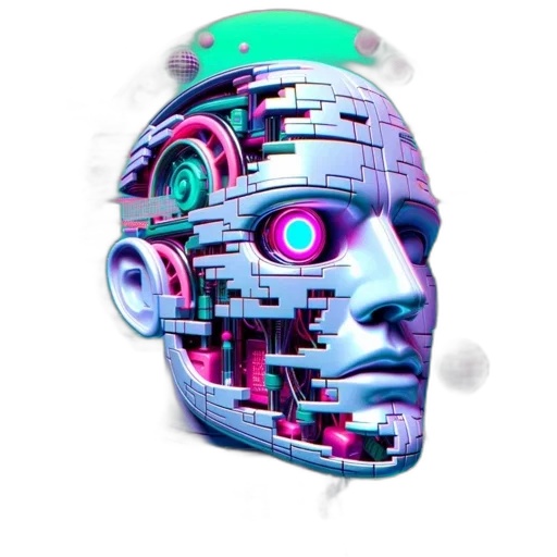 robot, mask, face, creature, vaporwave, cyberpunk, 3d render, pixel art transparent PNG cut-out