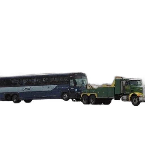 3d render, concept art, tow, truck, pulling, large, bus, snowy transparent PNG cut-out