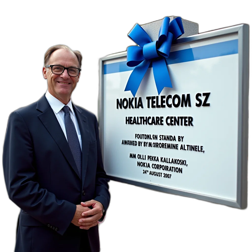 man, suit, standing, front, sign, blue, ribbon, reads transparent PNG cut-out