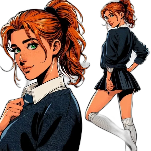 jacket, dress, comic book art, concept art, cartoon, anime, woman, vibrant transparent PNG cut-out