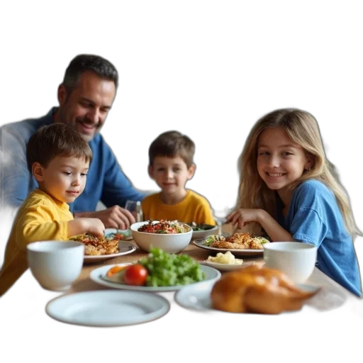 food, photorealistic, family, four, sitting, around, wooden, dining transparent PNG cut-out