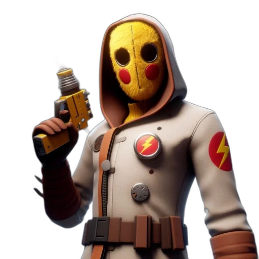 mask, jacket, weapon, face, concept art, 3d render, pixel art, golden transparent PNG cut-out