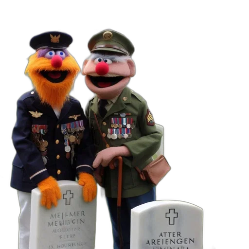 3d render, two, muppet, characters, military, uniforms, stand, before transparent PNG cut-out