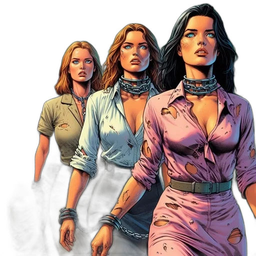 comic book art, concept art, three, women, reptile-like, creature, dressed, military transparent PNG cut-out