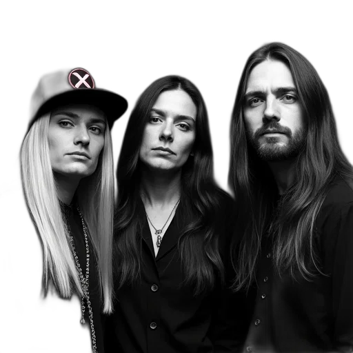 hair, black, white, photograph, band, three, members, person transparent PNG cut-out