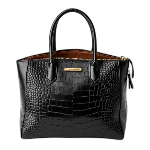 black, leather, handbag, crocodile, texture, gold-tone, hardware, displayed transparent PNG cut-out