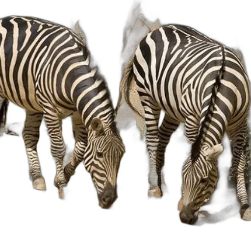 animal, 3d render, photorealistic, concept art, two, zebras, grazing, ground transparent PNG cut-out