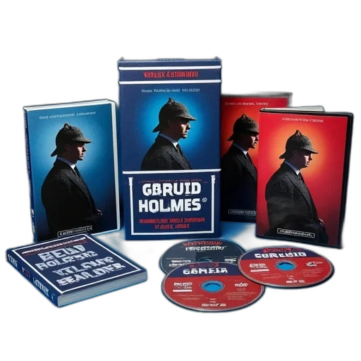 collection, sherlock, holmes, merchandise, displayed, blue, surface, there transparent PNG cut-out