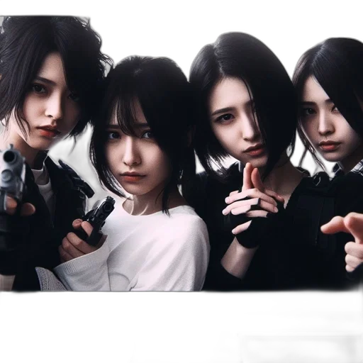 staff, photorealistic, anime, concept art, four, close-knit, women, various transparent PNG cut-out