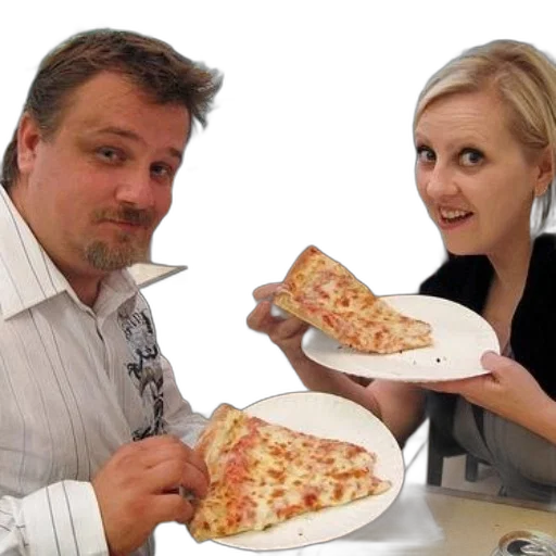food, man, woman, enjoying, slices, cheese, pizza, restaurant transparent PNG cut-out