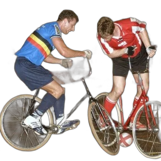 two, men, bicycles, play, game, polo, indoor, arena transparent PNG cut-out