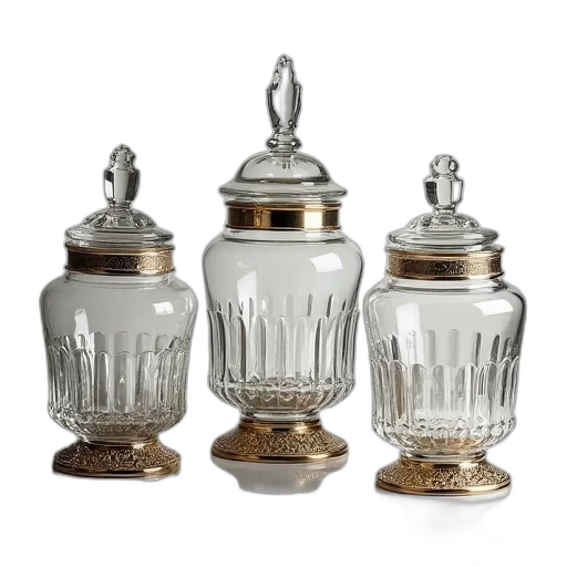 ornate, set, three, glass, jars transparent PNG cut-out