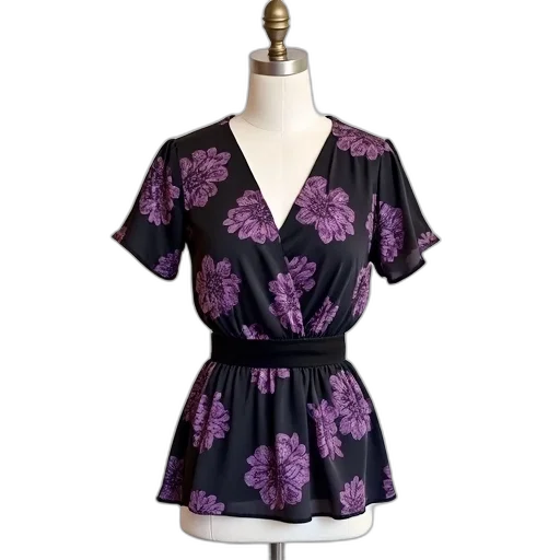 dress, dark, black, purple, floral, patterned, blouse, v-neckline transparent PNG cut-out