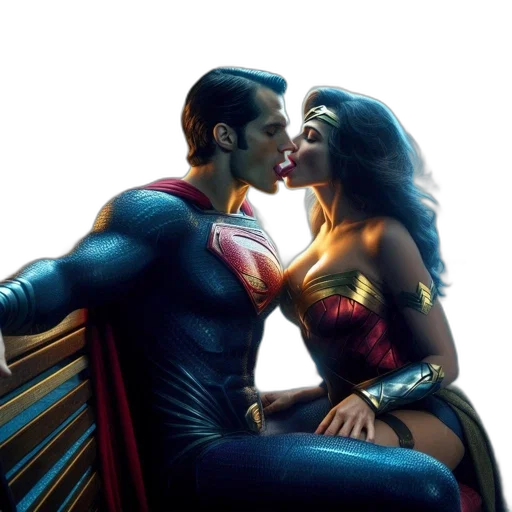 comic book art, superman, wonder, woman, share, intimate, moment, beneath transparent PNG cut-out