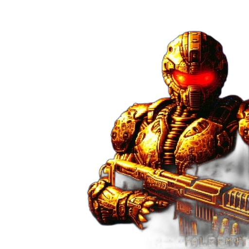 robot, weapon, pixel art, concept art, 3d render, comic book art, golden, red transparent PNG cut-out