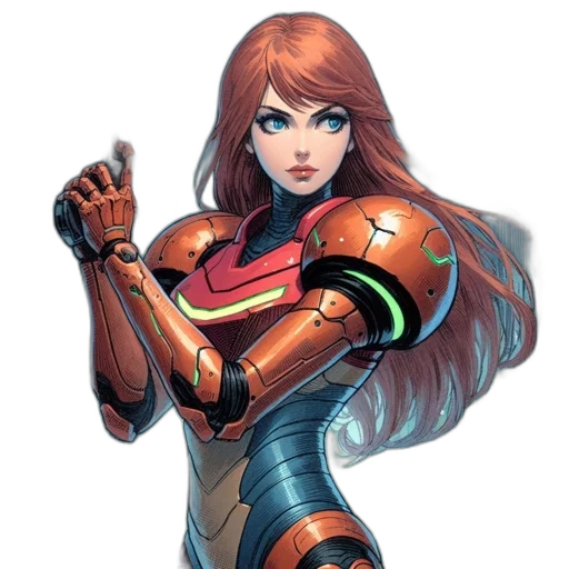 robot, comic book art, concept art, fantasy art, cartoon, armed, woman, orange-blue transparent PNG cut-out