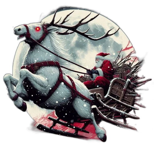 fantasy art, concept art, santa, rides, his, glowing-eyed, reindeer, through transparent PNG cut-out