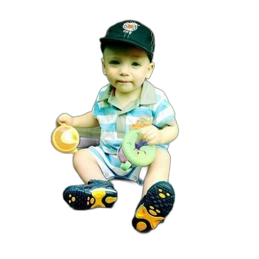 photorealistic, 3d render, baby, sits, bench, holding, toys transparent PNG cut-out