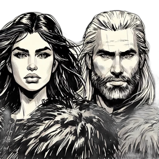 comic book art, fantasy art, concept art, pencil sketch, snow, two, portraits, depict transparent PNG cut-out