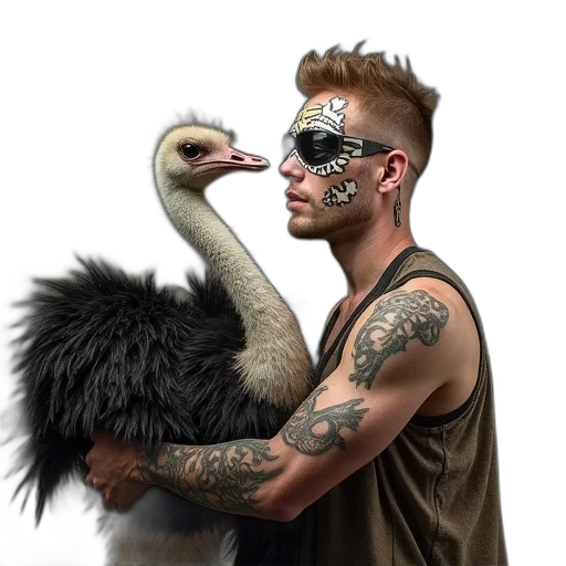 animal, creature, man, dressed, makeup, holding, ostrich transparent PNG cut-out
