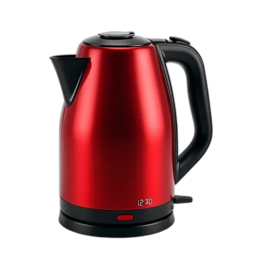 robot, 3d render, photorealistic, red, electric, kettle, black, handle transparent PNG cut-out