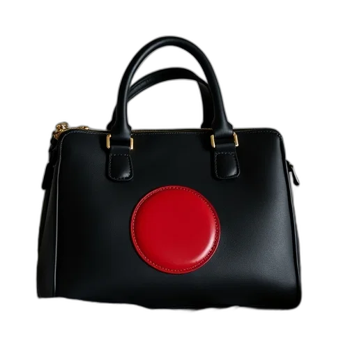 black, handbag, red, circular, logo, front, placed, bed transparent PNG cut-out