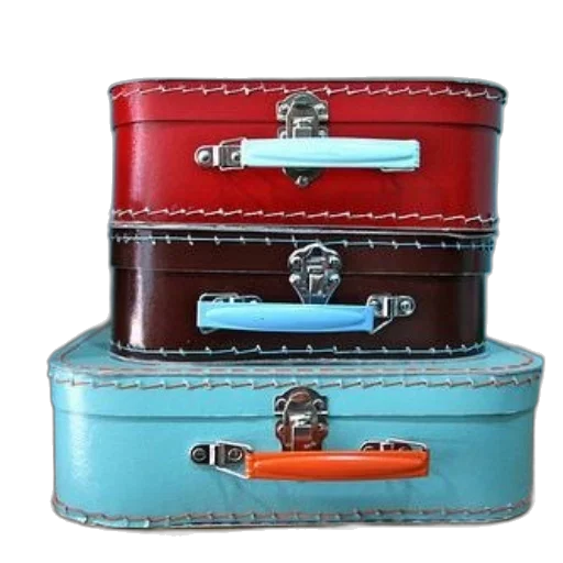 colorful, blue, red, three, vintage-style, suitcases, brown, colors transparent PNG cut-out