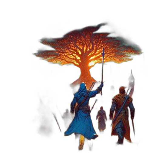 tree, sword, staff, concept art, fantasy art, pixel art, watercolor, fire transparent PNG cut-out