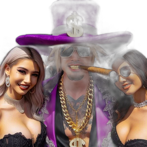 hat, concept art, three, individuals, including, one, man, purple transparent PNG cut-out