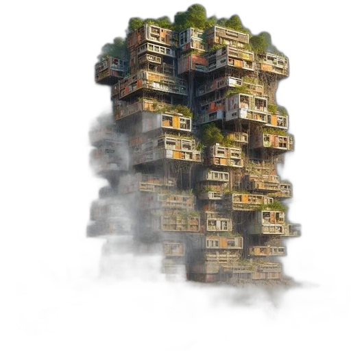 building, concept art, 3d render, fantasy art, photorealistic, fog, earth tones, vertical transparent PNG cut-out