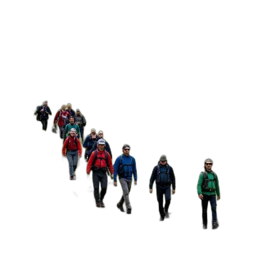 jacket, staff, 3d render, concept art, group, hikers, walking, trail transparent PNG cut-out