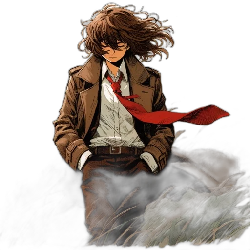 jacket, staff, concept art, comic book art, fantasy art, watercolor, red, earth tones transparent PNG cut-out