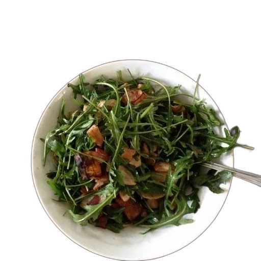 food, bowl, salad, greens, bacon, sits, wooden, table transparent PNG cut-out