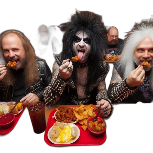 food, concept art, photorealistic, bustling, restaurant, three, distinctive, individuals transparent PNG cut-out