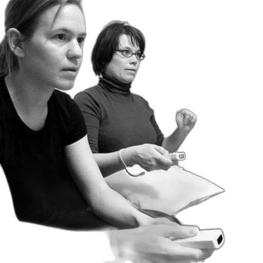 staff, two, women, sit, couch, playing, video, games transparent PNG cut-out