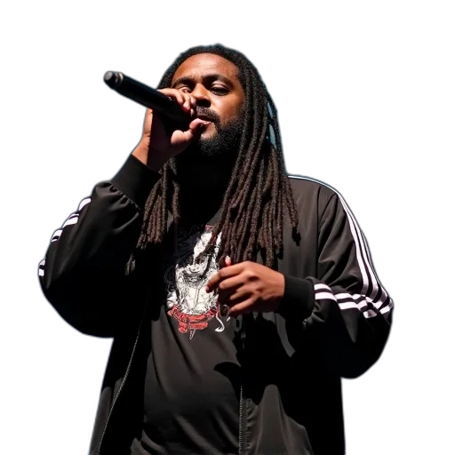 jacket, man, long, dreadlocks, singing, into, microphone, stage transparent PNG cut-out